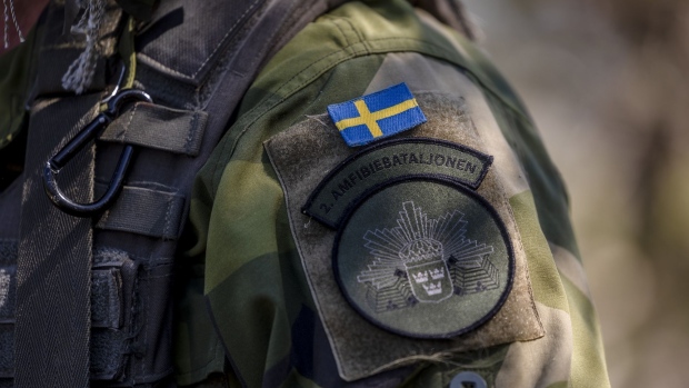 VÄRMDÖ, SWEDEN - JUNE 11: The patch of a Swedish Amphibious Battalion soldier is shown during the Baltic Operations NATO military drills (Baltops 22) on June 11, 2022 in the Stockholm archipelago, the 30,000 islands, islets and rocks off Sweden's eastern coastline. Fourteen NATO allies and two NATO partner nations, Finland and Sweden, are participating in the exercise with more than 45 ships, 75 aircraft and 7,500 personnel. (Photo by Jonas Gratzer/Getty Images)