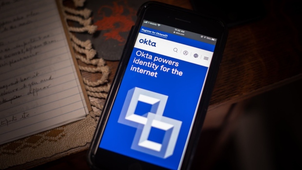 The Okta Inc. website on a smartphone arranged in Dobbs Ferry, New York, U.S., on Sunday, Feb. 28, 2021. Okta Inc. is scheduled to release earnings figures on March 3. Photographer: Tiffany Hagler-Geard/Bloomberg