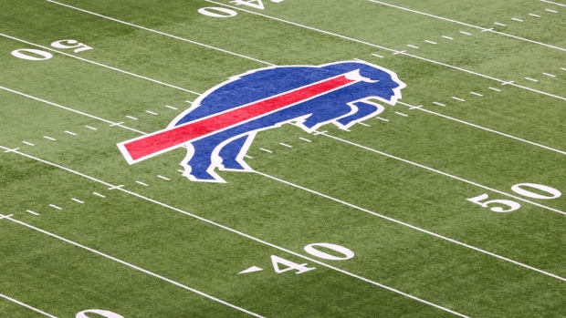 ORCHARD PARK, NEW YORK - JANUARY 22: The Buffalo Bills logo is seen on the field prior to a game against the Cincinnati Bengals in the AFC Divisional Playoff game at Highmark Stadium on January 22, 2023 in Orchard Park, New York. (Photo by Bryan M. Bennett/Getty Images)