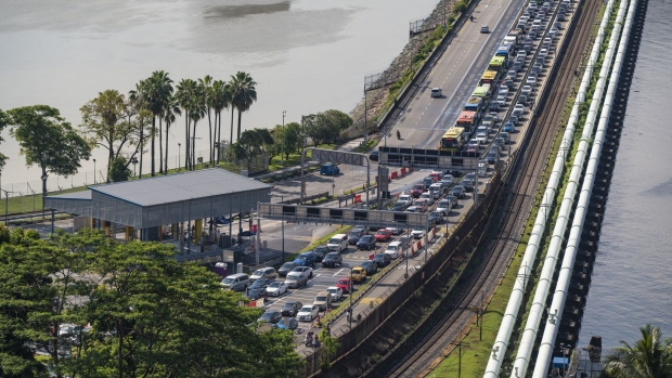 The traffic from Malaysia to Singapore on the Johor–Singapore Causeway.