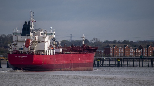 The STI Comandante tanker departs from its mooring after delivering a shipment of Russian diesel to Purfleet fuel terminal in Purfleet, U.K., on Tuesday, April 5, 2022. The U.K. announced in March that it will phase out imports of diesel from Russia over the year as a response to the country’s invasion of Ukraine. Photographer: Chris J. Ratcliffe/Bloomberg