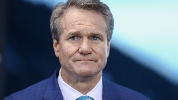 Brian Moynihan, chief executive officer of Bank of America Corp., pauses during a Bloomberg Television interview on the opening day of the World Economic Forum (WEF) in Davos, Switzerland, on Tuesday, Jan. 21, 2020. World leaders, influential executives, bankers and policy makers attend the 50th annual meeting of the World Economic Forum in Davos from Jan. 21 - 24.