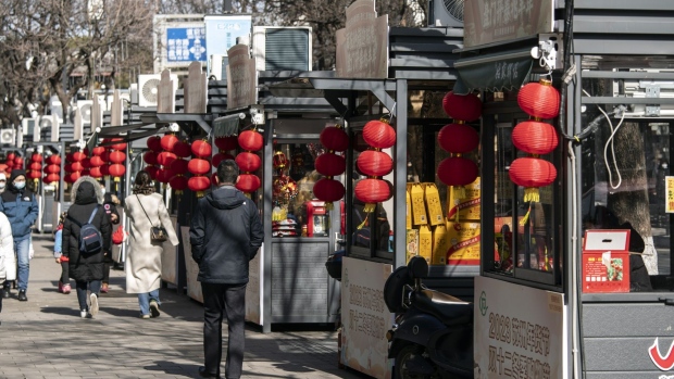Covid testing booths repurposed as food stalls in Suzhou. Photographer: Qilai Shen/Bloomberg