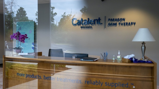 Signage is displayed inside the Catalent Biologics facility in Rockville, Maryland, U.S., on Saturday, Aug. 8, 2020. Novavax Inc., a partner of Catalant, shares last week touched a five-year high as investors assessed early data on its experimental vaccine for Covid-19. Photographer: Sarah Silbiger/Bloomberg