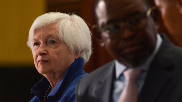 Janet Yellen, US Treasury secretary, left, and Enoch Godongwana, South Africa's finance minister, during a news conference at the National Treasury in Pretoria, South Africa, on Thursday, Jan. 26, 2023. The US is seeking to deepen its economic integration with South Africa in pursuit of policies to diversify global supply chains, Yellen said.