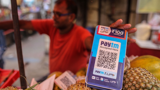 A QR code for the PayTM digital payment system at a store in Mumbai, India, on Saturday, Jan. 7, 2023. India is scheduled to release consumer price index (CPI) figures on Jan. 12.