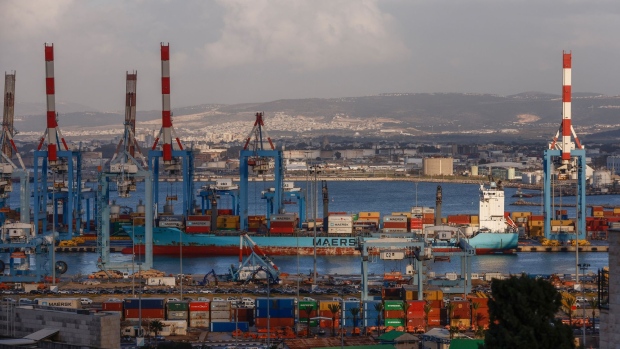 The Maersk Durban container vessel docked at the Port of Haifa, in Haifa, Israel, on Tuesday, Jan. 31, 2023. Indian billionaire Gautam Adani’s joint venture last year won a tender to buy the port for around $1.2 billion. Photographer: Kobi Wolf/Bloomberg