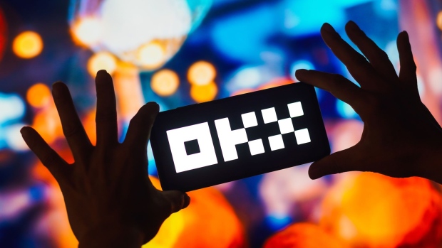 The OKX logo on a smartphone screen.  Photographer: Rafael Henrique/SOPA Images/LightRocket /Getty Images