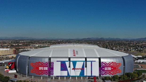 GLENDALE, ARIZONA - JANUARY 28: In an aerial view of State Farm Stadium on January 28, 2023 in Glendale, Arizona. State Farm Stadium will host the NFL Super Bowl LVII on February 12. (Photo by Christian Petersen/Getty Images)