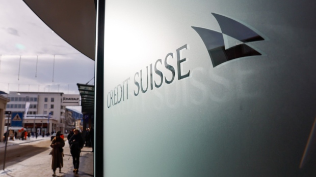 The logo of Credit Suisse Group AG on their offices ahead of the World Economic Forum (WEF) in Davos, Switzerland, on Monday, Jan. 16, 2023. The annual Davos gathering of political leaders, top executives and celebrities runs from January 16 to 20. Photographer: Stefan Wermuth/Bloomberg