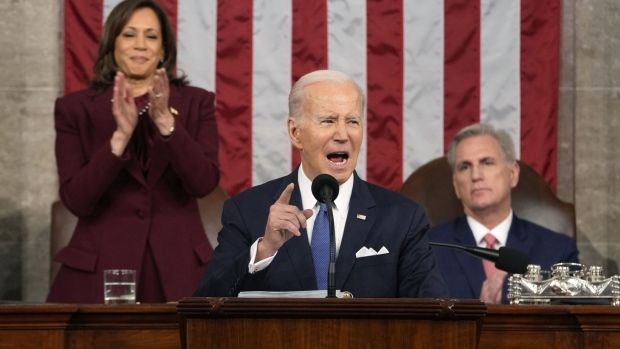 US President Joe Biden speaks during a State of the Union address at the US Capitol in Washington, DC, US, on Tuesday, Feb. 7, 2023.  Photographer: Jacquelyn Martin/AP Photo/Bloomberg