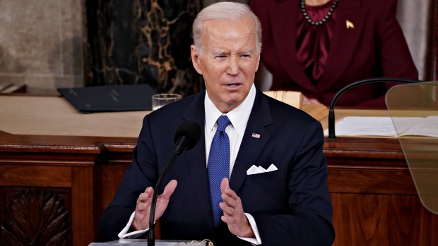 US President Joe Biden speaks during a State of the Union address at the US Capitol on Feb. 7. Photographer: Nathan Howard/Bloomberg