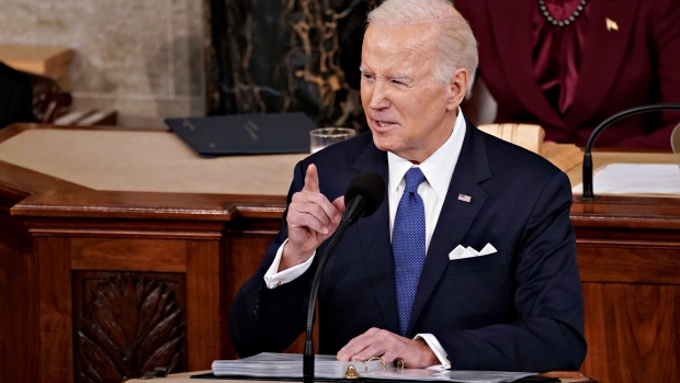 US President Joe Biden speaks during a State of the Union address at the US Capitol in Washington, DC, US, on Tuesday, Feb. 7, 2023. Biden is speaking against the backdrop of renewed tensions with China and a brewing showdown with House Republicans over raising the federal debt ceiling.