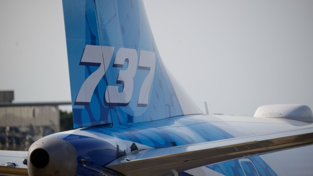 The tailfin of a Boeing 737 Max 10 aircraft at the static display on the opening day of the Farnborough International Airshow in Farnborough, UK, on Monday, July 18, 2022. The airshow, one of the biggest events in the global aerospace industry, runs through July 22.