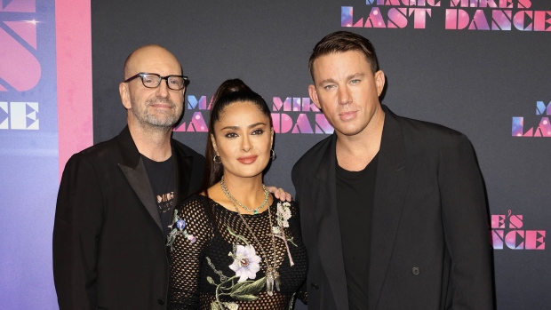 Channing Tatum, from right, Salma Hayek and Steven Soderbergh attend the Magic Mike’s Last Dance premiere in Miami Beach, on Jan. 25.