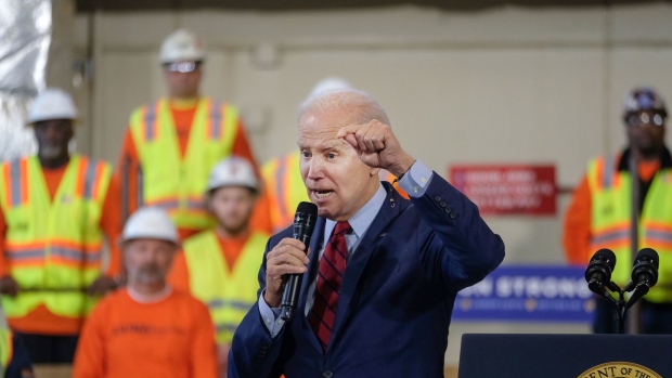 Joe Biden speaks during a visit at LiUNA Training Center in DeForest, Wisconsin, on Feb. 8. Photographer: Alex Wroblewski/Bloomberg