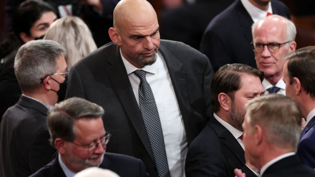 WASHINGTON, DC - FEBRUARY 07: Sen. John Fetterman (D-PA) arrives to the House Chambers for U.S. President Joe Biden's State of the Union address in the House Chamber of the U.S. Capitol on February 07, 2023 in Washington, DC. The speech marks Biden's first address to the new Republican-controlled House. (Photo by Win McNamee/Getty Images) Photographer: Win McNamee/Getty Images North America