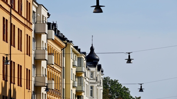 Blocks of residential housing on Frejgatan in Stockholm, Sweden, on Thursday, Aug. 18, 2022. Sweden’s government forecast the economic expansion to stall next year as high inflation and rising rates weigh on household consumption. Photographer: Mikael Sjoberg/Bloomberg