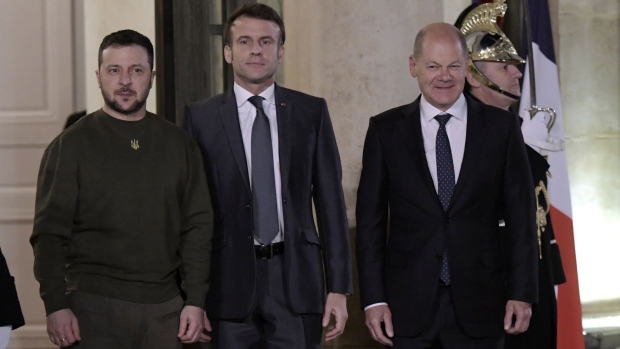 Volodymyr Zelenskiy, Emmanuel Macron, and Olaf Scholz in Paris, on Feb. 8.  Photographer: Nathan Laine/Bloomberg