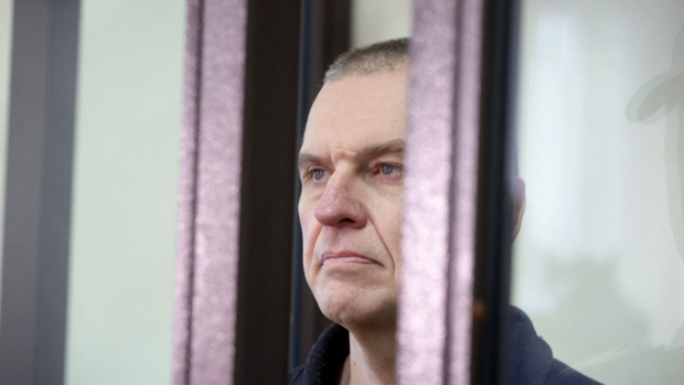 Andrzej Poczobut appears at regional court in Grodno, Belarus, in January. Photographer: Leonid Shcheglov/Getty Images
