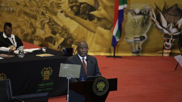 Cyril Ramaphosa, South Africa's president, delivers his annual address during the state of the nation ceremony at City Hall in Cape Town, South Africa, on Thursday, Feb. 9, 2023. With next year’s elections gearing up to be the most hotly contested since apartheid ended in 1994, Ramaphosa needs to provide solutions to the country’s myriad problems to bolster his chances of winning another term.