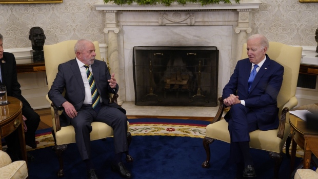 US President Joe Biden, right, meets Luiz Inacio Lula da Silva, Brazil’s president, in the Oval Office of the White House on Feb. 10.