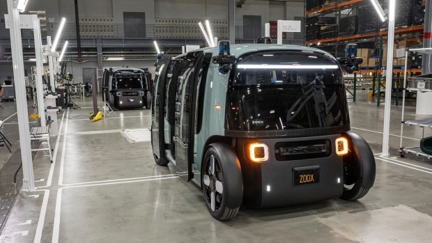 Zoox Inc., autonomous vehicles at the company's manufacturing facility in Fremont, California, U.S., on Thursday, April 7, 2022. Zoox is a subsidiary of Amazon developing autonomous vehicles that provide Mobility-as-a-Service.