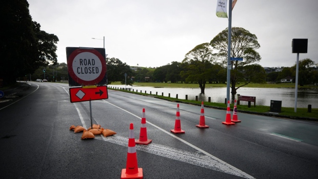 A road is closed following Cyclone Gabrielle in Auckland.