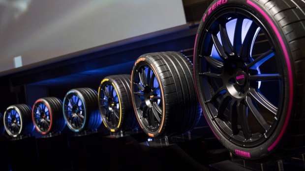 Pirelli P ZERO tires, manufactured by Pirelli & C. SpA sit on display at the Borsa Italiana, Italy's Stock Exchange, during the Pirelli & C. SpA launch ceremony in Milan, Italy, on Wednesday, Oct. 4, 2017. Pirelli dropped as much as 3.4 percent in Milan as the Italian tire-maker returned to the stock market two years after being bought by an investor group led by ChemChina. Photographer: Federico Bernini/Bloomberg