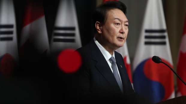 Yoon Suk Yeol, South Korea's president, speaks at a news conference in Ottawa, Ontario, Canada, on Friday, Sept. 23, 2022. Prime Minister Trudeau and President Yoon will discuss working together on energy, including electric vehicle batteries, critical minerals, and emerging technologies, as well as securing supply chains.