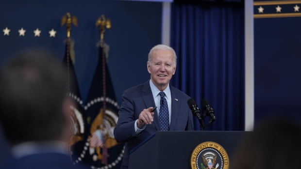 US President Joe Biden speaks at the Eisenhower Executive Office Building in Washington, DC, US, on Thursday, Feb. 16, 2023. Biden spoke about the series of objects the US has downed over the past two weeks, including an alleged Chinese spy balloon, in his first extended public remarks about the episode.