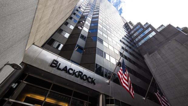 American flags fly outside BlackRock Inc. headquarters in New York, U.S, on Tuesday, April 13, 2021. BlackRock Inc. is scheduled to release earnings figures on April 15.