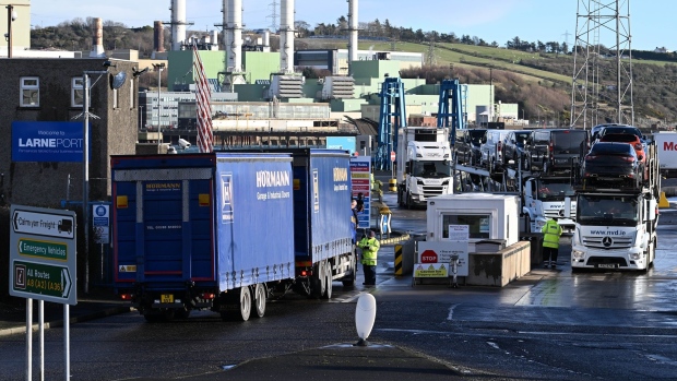 Goods vehicles are checked at the port of Larne, Northern Ireland. Photographer: Charles McQuillan/Getty Images Europe