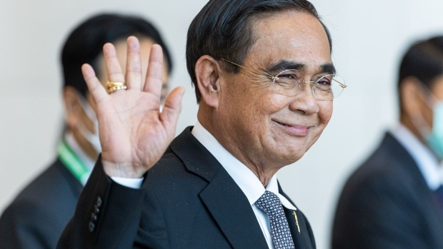 Prayuth Chan-Ocha, Thailand's prime minister, waves during the Asia-Pacific Economic Cooperation (APEC) summit in Bangkok, Thailand, on Saturday, Nov. 19, 2022. San Francisco will be the site of next year’s Asia-Pacific Economic Cooperation summit, Vice President Kamala Harris announced, giving the US a high-profile chance to showcase its vision for the region’s future. Photographer: Andre Malerba/Bloomberg