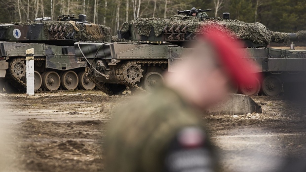 Leopard 2 A4 tanks during an exercise at the Swietoszow Tank Training Center in Swietoszow, Poland in February. Photographer: Bartek Sadowski/Bloomberg