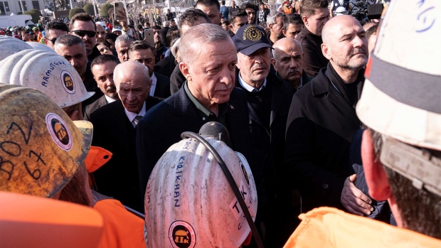 MARAS, TURKIYE- FEBRUARY 20: President Recep Tayyip Erdoğan visits the earthquake zone for the first time on February 20, 2023 in Hatay, Türkiye. The death toll from a catastrophic earthquake that hit Turkey and Syria has topped 46,000, with search and rescue teams starting to wind down their work. (Photo by Ugur Yildirim / dia images via Getty Images)