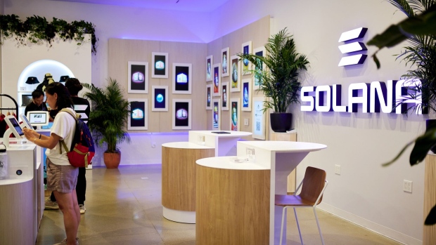 Signage at the Solana Space retail store at Hudson Yards in New York, US, on Monday, Aug. 8, 2022. Mikkel Morch, executive director at Digital Asset Investment Fund ARK36, said that he sees the recent efforts with Solanas mobile phone and the Solana Spaces store as emblematic of "Solana's grand ambitions to become the pioneer of mainstream adoption of web3." Photographer: Gabby Jones/Bloomberg