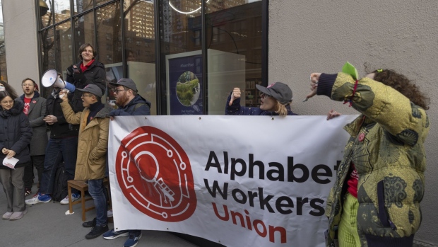 Demonstrators during an Alphabet Workers Union rally in New York, on Feb. 2. Photographer: Victor J. Blue/Bloomberg