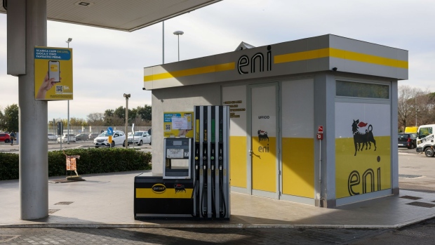 The forecourt at a closed Eni SpA gas station during a strike by fuel station operators in Rome, Italy, on Wednesday, Jan. 25, 2023. Fuel pumps across the country shut down Tuesday evening as operators protest government measures aimed at reducing alleged price gouging that they say is inexistent. Photographer: Alessio Paduano/Bloomberg