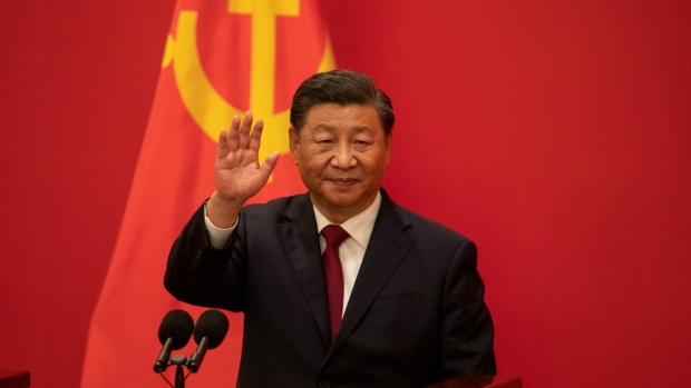 Xi Jinping, China's president, during the unveiling of the Communist Party of China's new Politburo Standing Committee at the Great Hall of the People in Beijing, China, on Sunday, Oct. 23, 2022. President Xi Jinping stacked China's most powerful body with his allies, giving him unfettered control over the world's second-largest economy.