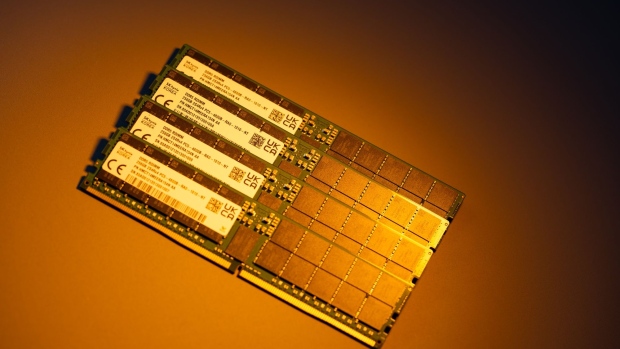 SK Hynix Inc. 256GB Double-Data-Rate (DDR) 5 memory modules at the company's office in Seongnam, South Korea.