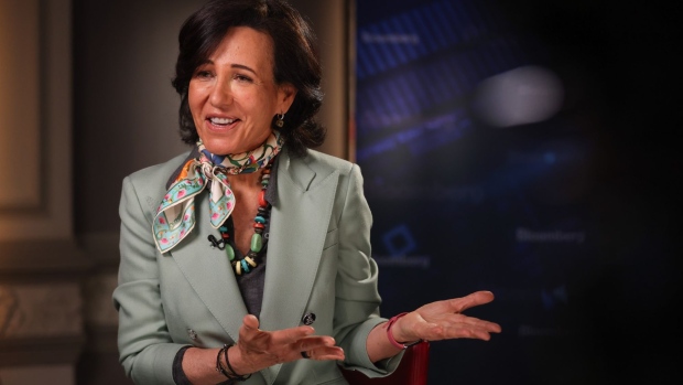 Ana Botin, chairman of Banco Santander SA, during a Bloomberg Television interview in London, UK, on Tuesday, Feb. 28, 2023. Santander pledged to return a bigger share of earnings to investors as Botin joins the race among European lenders to lure shareholders after years of subpar returns.