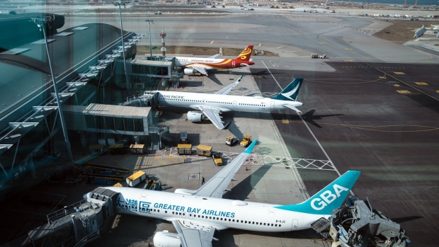 Aircraft operated by Greater Bay Airlines, Cathay Pacific and Hong Kong Airlines at Hong Kong International Airport.