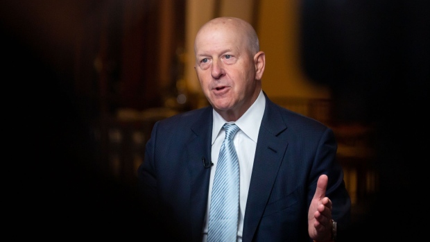 David Solomon, chief executive officer of Goldman Sachs Group Inc., during a Bloomberg Television at the Goldman Sachs Financial Services Conference in New York, US, on Tuesday, Dec. 6, 2022. Solomon sees "bumpy times ahead" for the global economy, meaning compensation will decline from last year's levels.