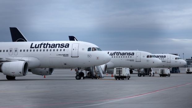 Lufthansa planes at Munich International Airport in February.