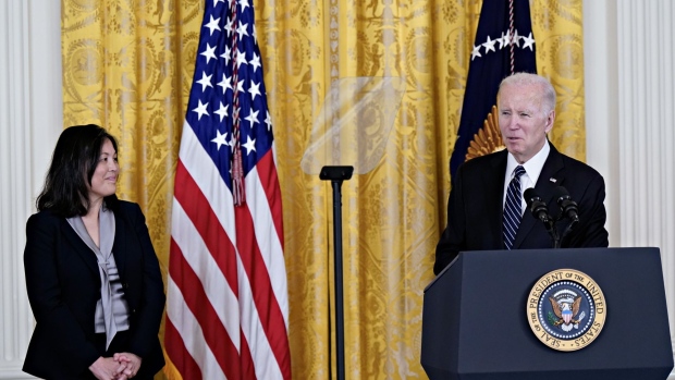 US President Joe Biden speaks during a nomination event with Julie Su, deputy US secretary of labor, left, in the East Room of the White House in Washington, DC, US, on Wednesday, March 1, 2023. If confirmed to serve as the secretary of labor, Su would increase the number of women serving in Biden's cabinet and is expected to lead the Department of Labor on an acting basis until the Senate takes up her nomination. Photographer: Al Drago/Bloomberg