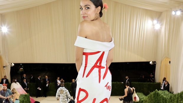 Alexandria Ocasio-Cortez departs The 2021 Met Gala Celebrating In America: A Lexicon Of Fashion at Metropolitan Museum of Art on September 13, 2021 in New York City. Photographer: Jamie McCarthy/MG21/Getty Images