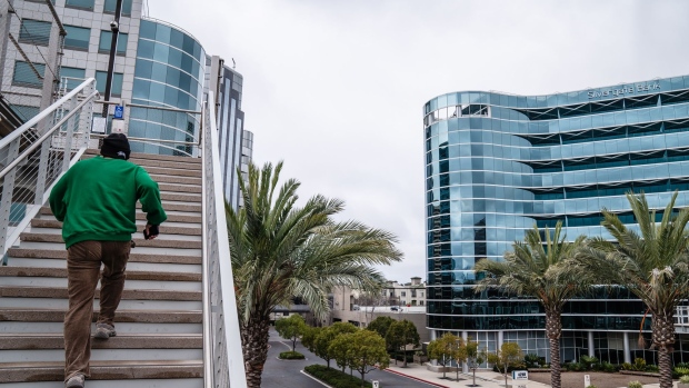 A pedestrians walks up a staircase across from the Silvergate Bank headquarters in La Jolla, California, US, on Sunday, Feb. 5, 2023. Silvergate Capital Corp. shares slumped on news that US prosecutors are looking into the banks dealings with fallen crypto giants FTX and Alameda Research.