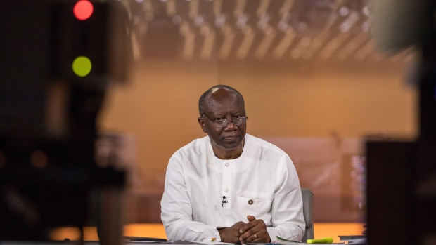 Ken Ofori-Atta, Ghana's finance minister, pauses during a Bloomberg Television interview in London, U.K., on Wednesday, March 20, 2019. Ghana, which this week raised $3 billion through debt sales and was contemplating 100-year bonds, will work with the market to determine the tenure of its next issuance, Ofori-Atta said.