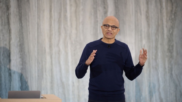 Satya Nadella last month unveiled new versions of Microsoft’s Bing internet-search engine and Edge browser powered by the newest technology from ChatGPT maker OpenAI. Photographer: Chona Kasinger/Bloomberg